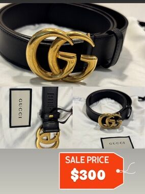 Gucci Black Leather Belt with Gold Double G Buckle - Classic Logo